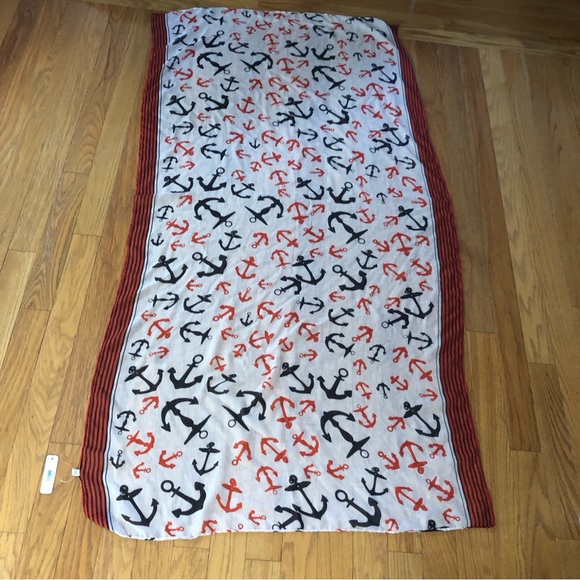 Nautical scarf with black and red anchors with black and red stripes on the edge - Picture 2 of 6